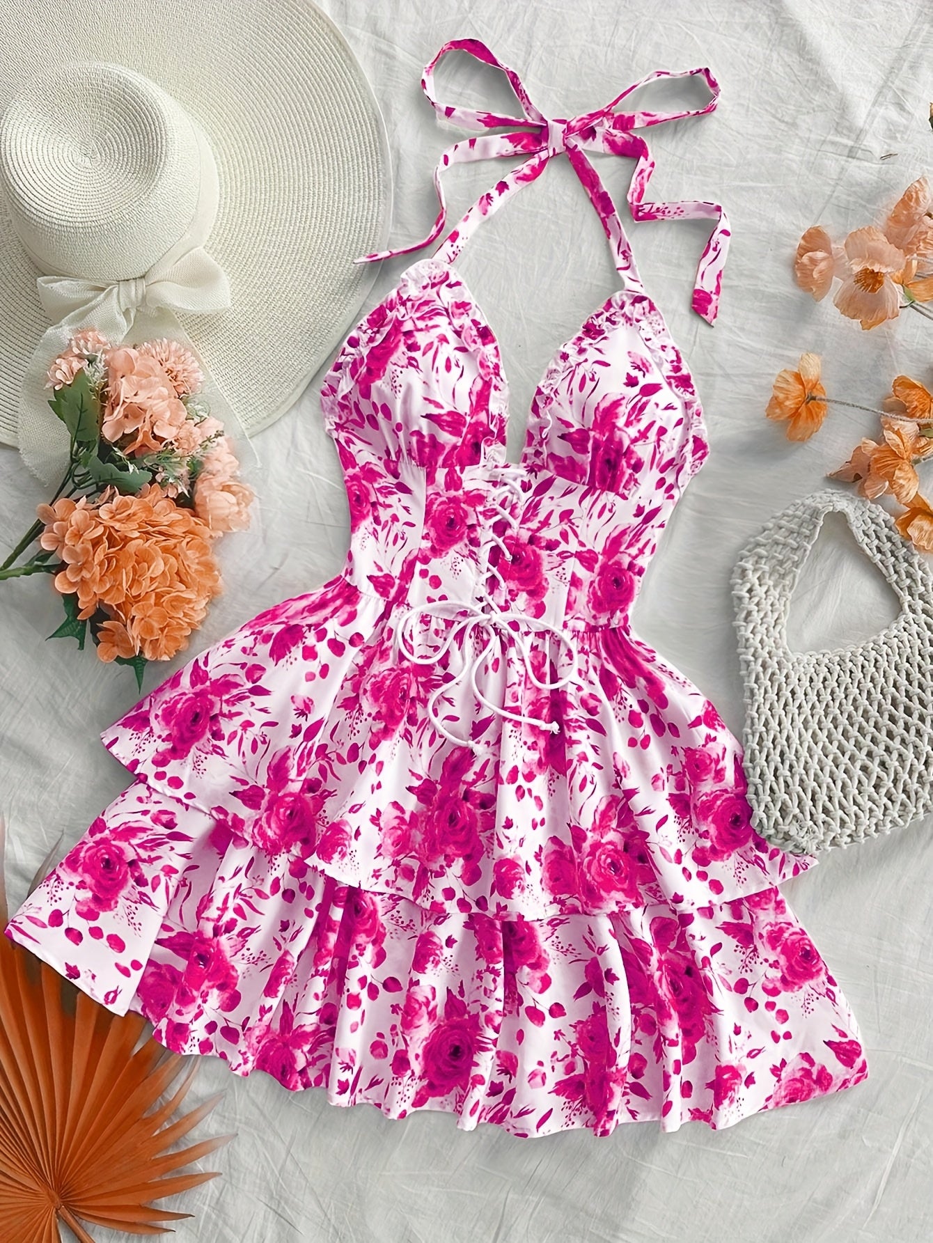Vintage-Inspired Blue & White Watercolor Rose Print Halter Dress with Tie-Back Detail, Ruffled Hem, and Drawstring Waist - Sleeveless Vacation Dress for Women, Spring/Summer Collection, Cute Dresses